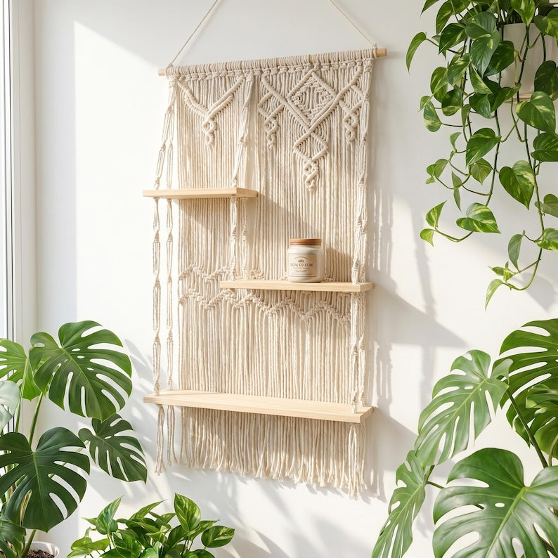 Makramee-Wandregal aus Baumwollseil mit Holzregalen, Boho Wanddekoration für Schlafzimmer und Wohnzimmer, 2 Stile