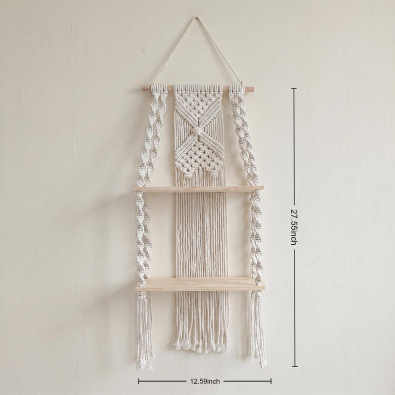 Makramee-Wandregal aus Baumwollseil mit Holzregalen, Boho Wanddekoration für Schlafzimmer und Wohnzimmer, 2 Stile