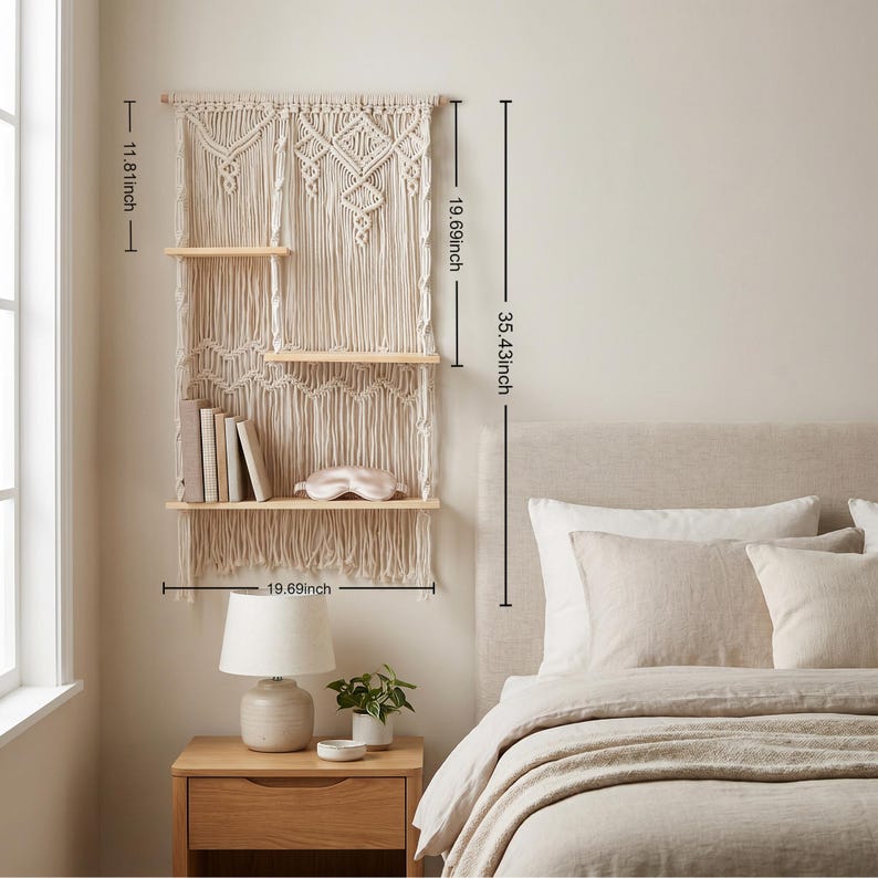 Makramee-Wandregal aus Baumwollseil mit Holzregalen, Boho Wanddekoration für Schlafzimmer und Wohnzimmer, 2 Stile