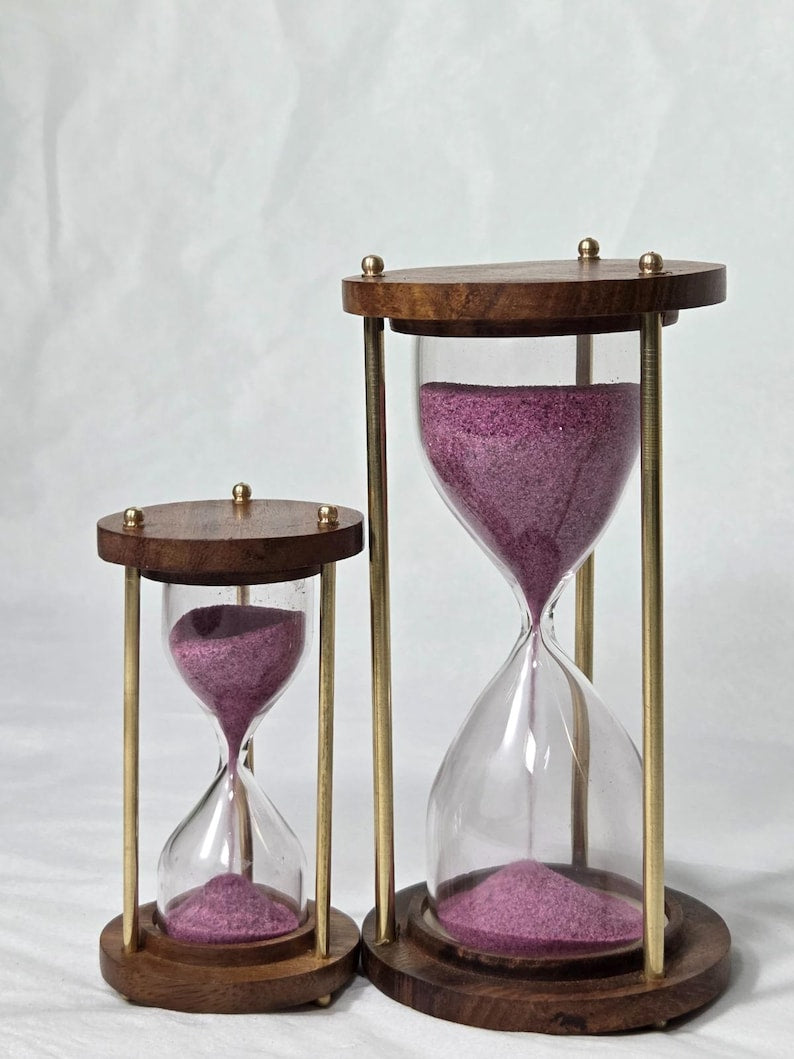 Vintage Messing Holz Sanduhr, lila Sand, Schreibtisch Dekoration