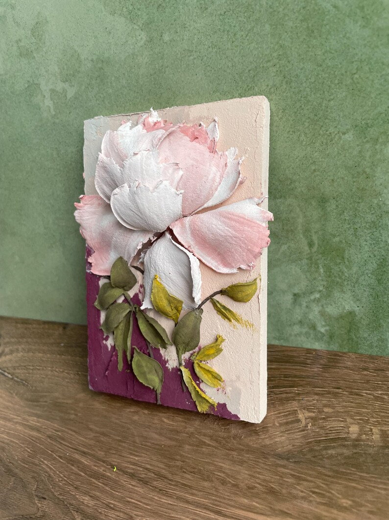 Handmodellierte Vintage Pfingstrose Mixed Media Floral Wandkunst (8 x 12 cm)
