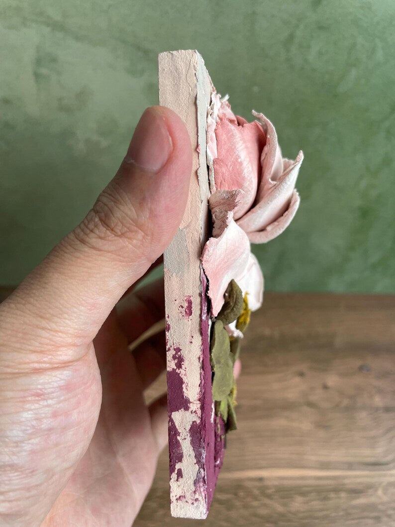 Handmodellierte Vintage Pfingstrose Mixed Media Floral Wandkunst (8 x 12 cm)