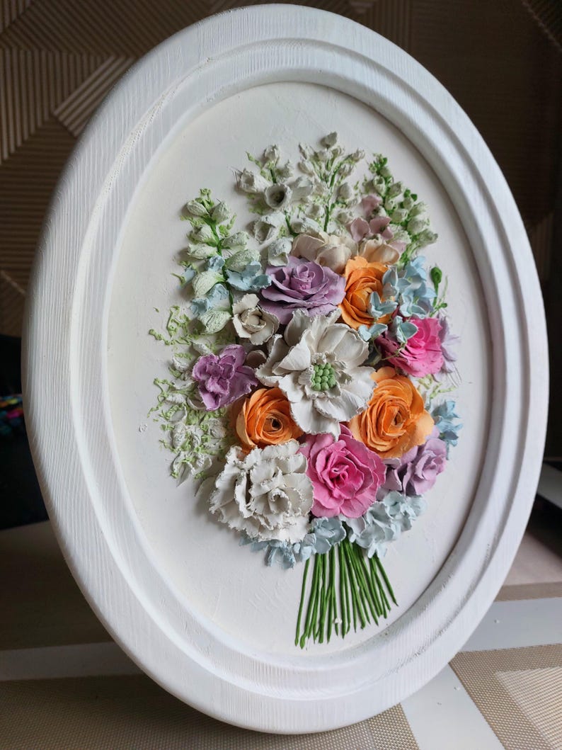 3D-Skulptur eines Brautstraußes, Wanddekoration, Hochzeitsgeschenk, 40 x 30 cm