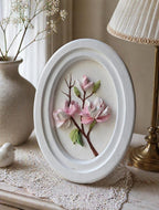 3D-Blumenmalerei Magnolien-Skulptur, Gipsblumen, Flachrelief, Wandkunst im weißen Holzrahmen, 25x17 cm