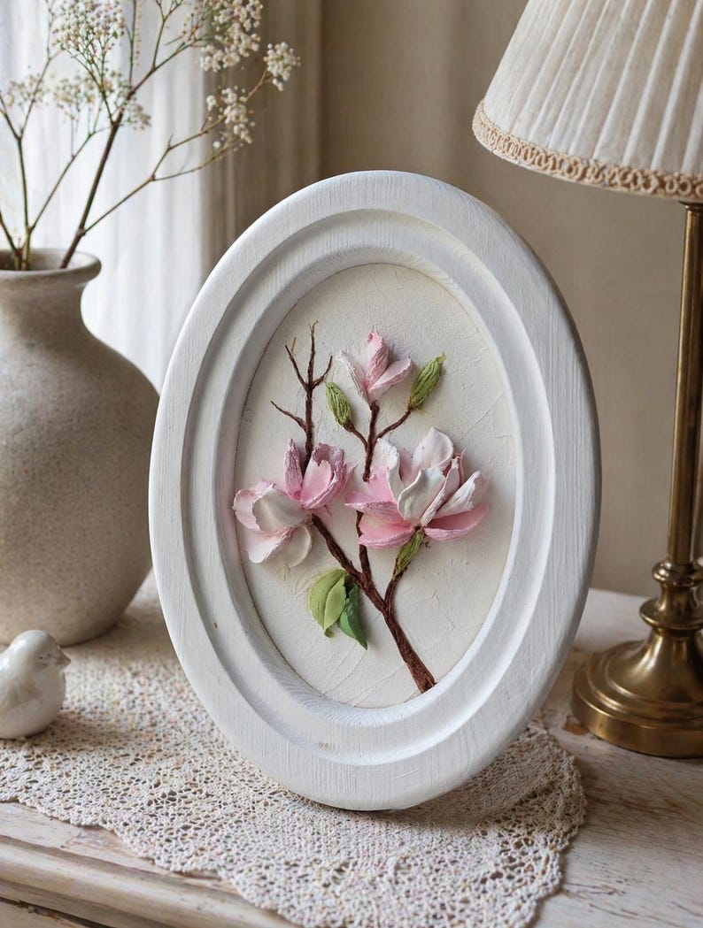 3D-Blumenmalerei Magnolien-Skulptur, Gipsblumen, Flachrelief, Wandkunst im weißen Holzrahmen, 25x17 cm