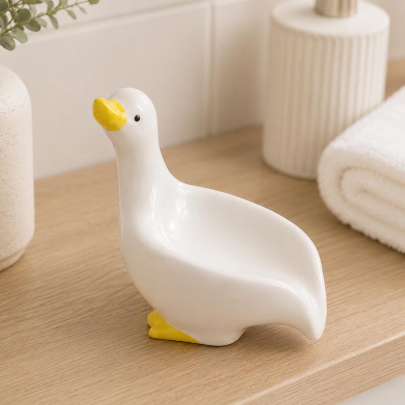 Keramik Enten Seifenschale weiß glasiert Seifenhalter Badezimmer Deko Bauernhaus Stil