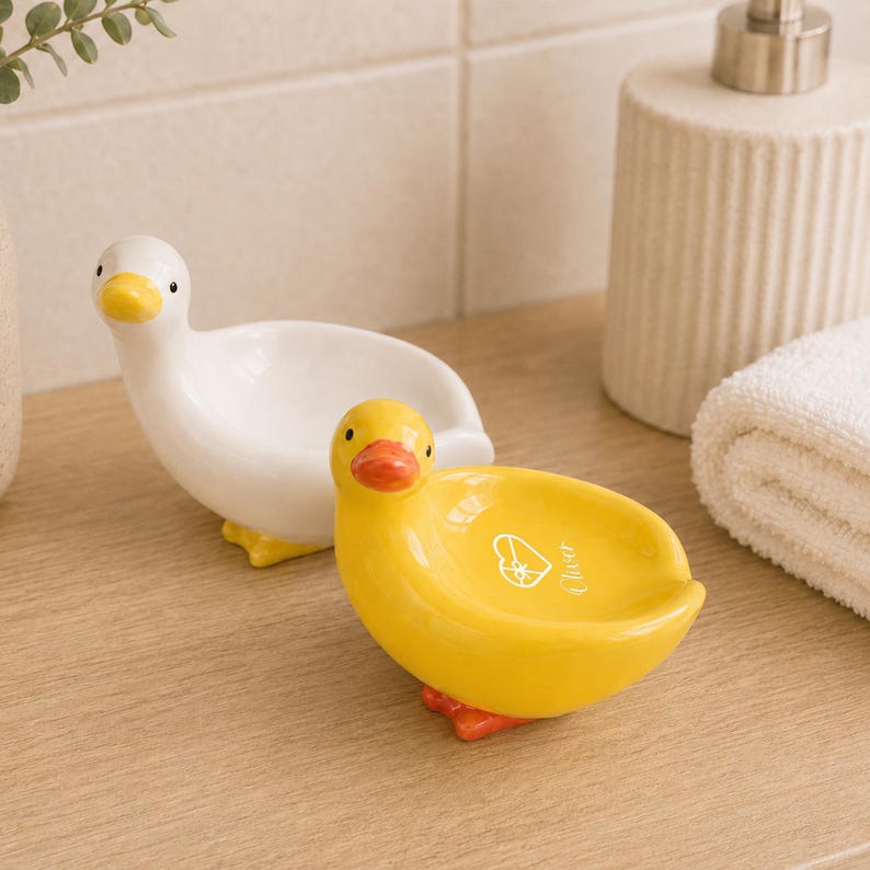 Keramik Enten Seifenschale weiß glasiert Seifenhalter Badezimmer Deko Bauernhaus Stil