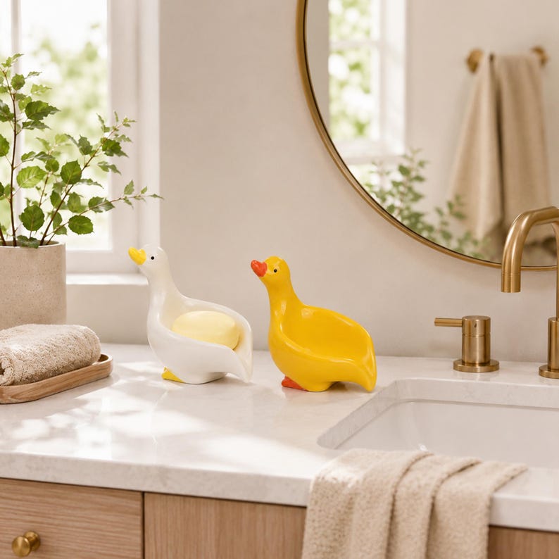 Keramik Enten Seifenschale weiß glasiert Seifenhalter Badezimmer Deko Bauernhaus Stil