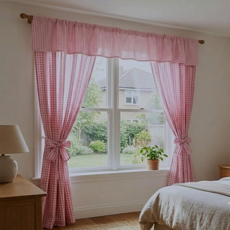 Rosa karierte Vorhangpaneele - 50 % Baumwoll-Polyester-Mischgewebe