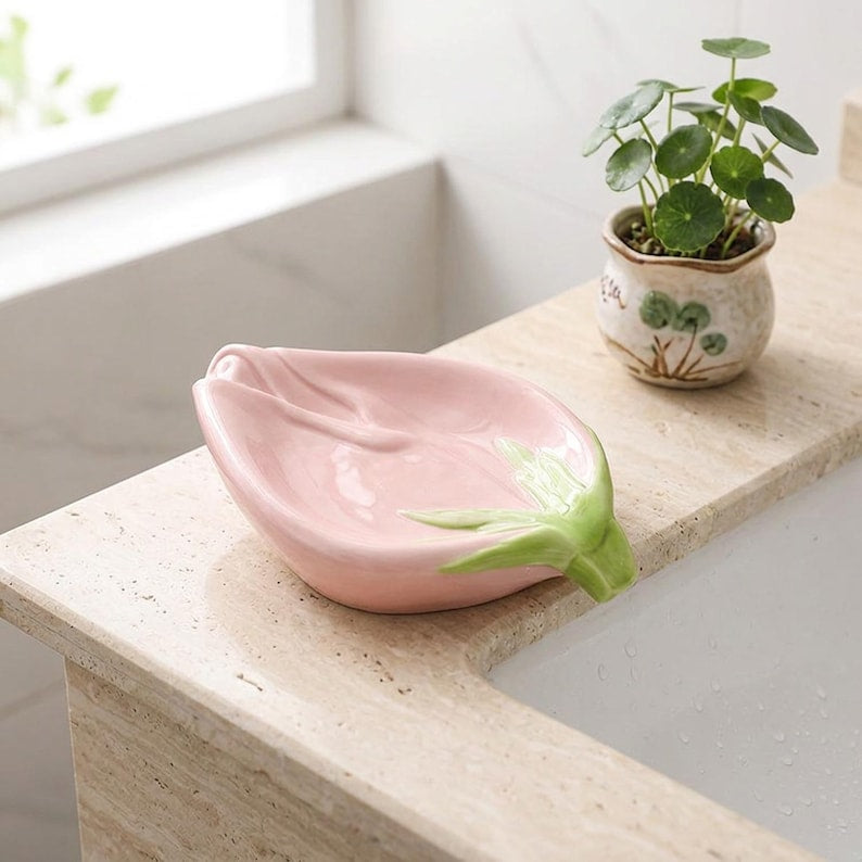 Keramik Rosen Seifenschale, Botanische Blumen Seifenhalter für Bad und Küche, 15 cm, Glasierte Keramik