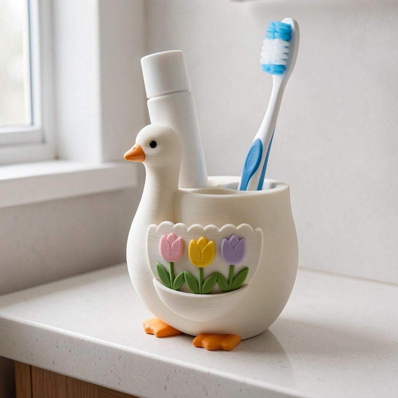 Zahnbürstenhalter Gans, 3D-gedruckter Blumen Taschen Gänseständer, Cottagecore Badezimmer Deko