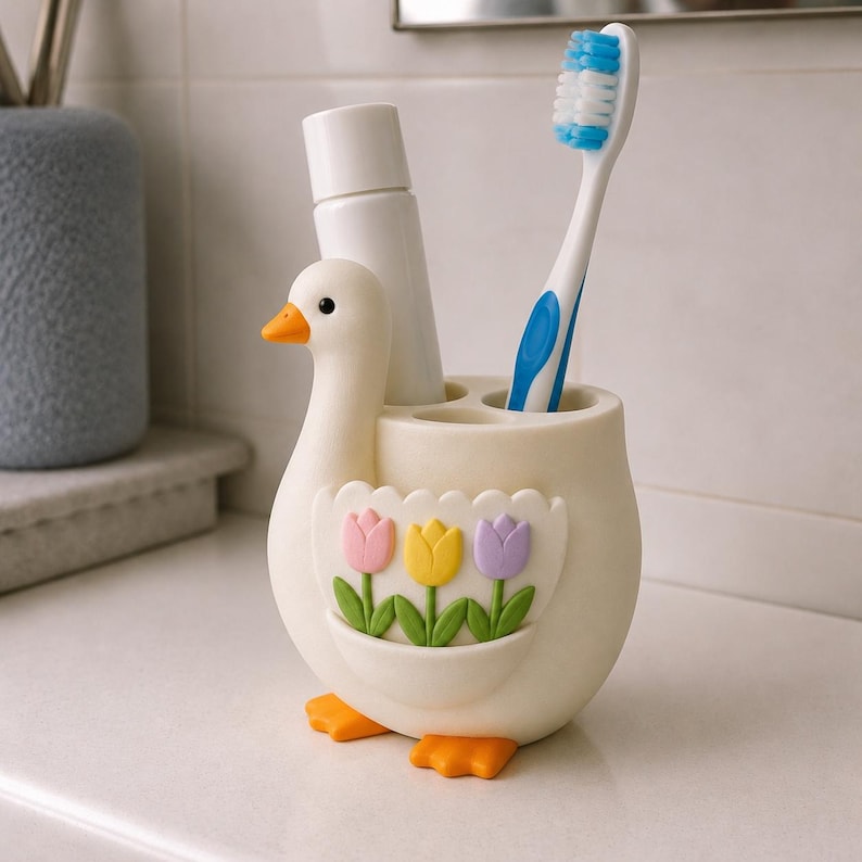 Zahnbürstenhalter Gans, 3D-gedruckter Blumen Taschen Gänseständer, Cottagecore Badezimmer Deko