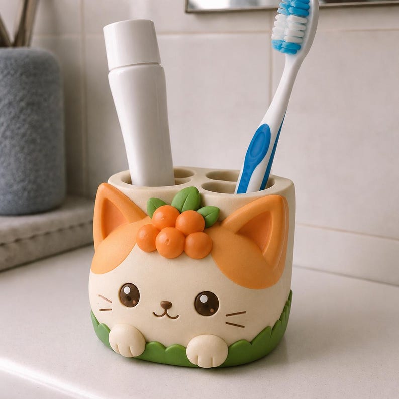 3D-gedruckter Zahnbürstenhalter mit Katzenmotiv, handbemalt, Zahnbürstenaufbewahrung für Badezimmer und Schreibtisch, Kawaii Deko