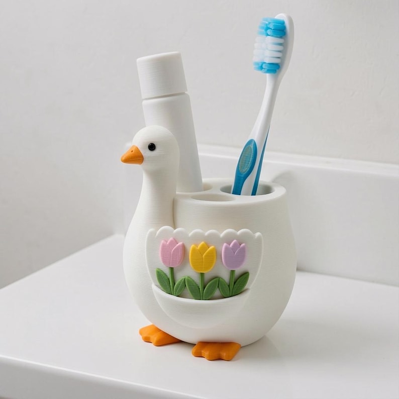 Zahnbürstenhalter Gans, 3D-gedruckter Blumen Taschen Gänseständer, Cottagecore Badezimmer Deko