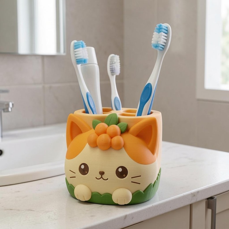 3D-gedruckter Zahnbürstenhalter mit Katzenmotiv, handbemalt, Zahnbürstenaufbewahrung für Badezimmer und Schreibtisch, Kawaii Deko