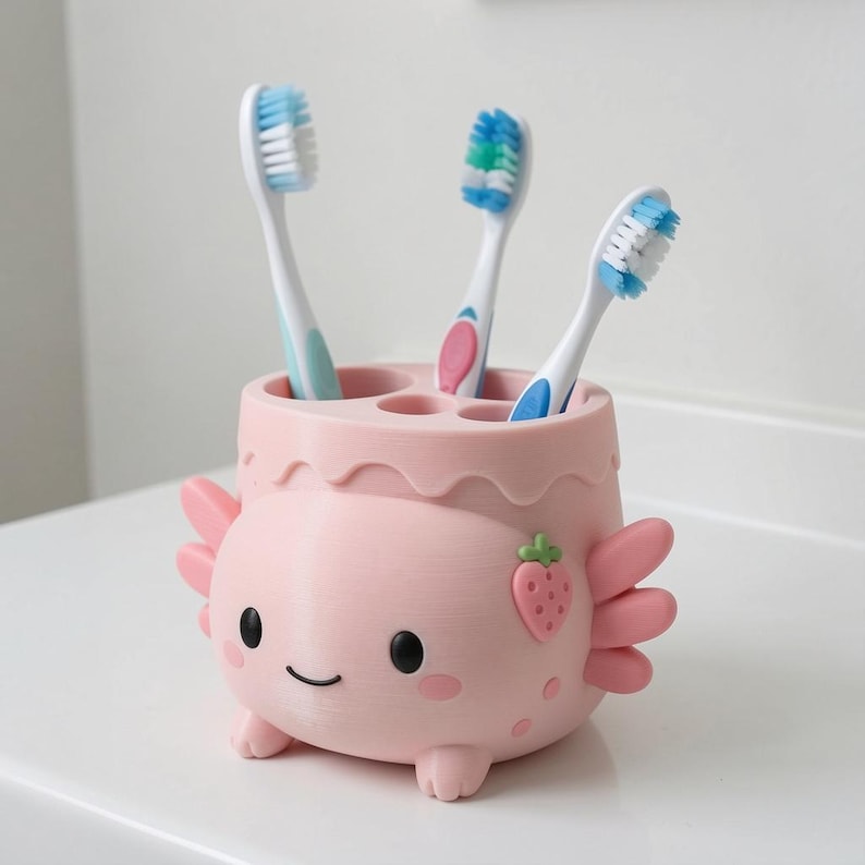 Erdbeermilch Axolotl Zahnbürstenhalter, 3D-gedruckt, handbemalt, Badezimmer Organizer