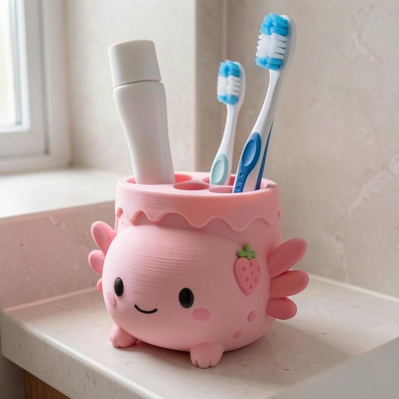 Erdbeermilch Axolotl Zahnbürstenhalter, 3D-gedruckt, handbemalt, Badezimmer Organizer
