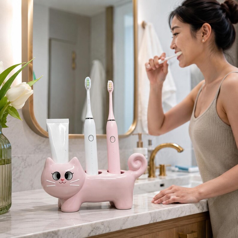 Rosa Keramik Zahnbürstenhalter Katzenform Badezimmer Organizer