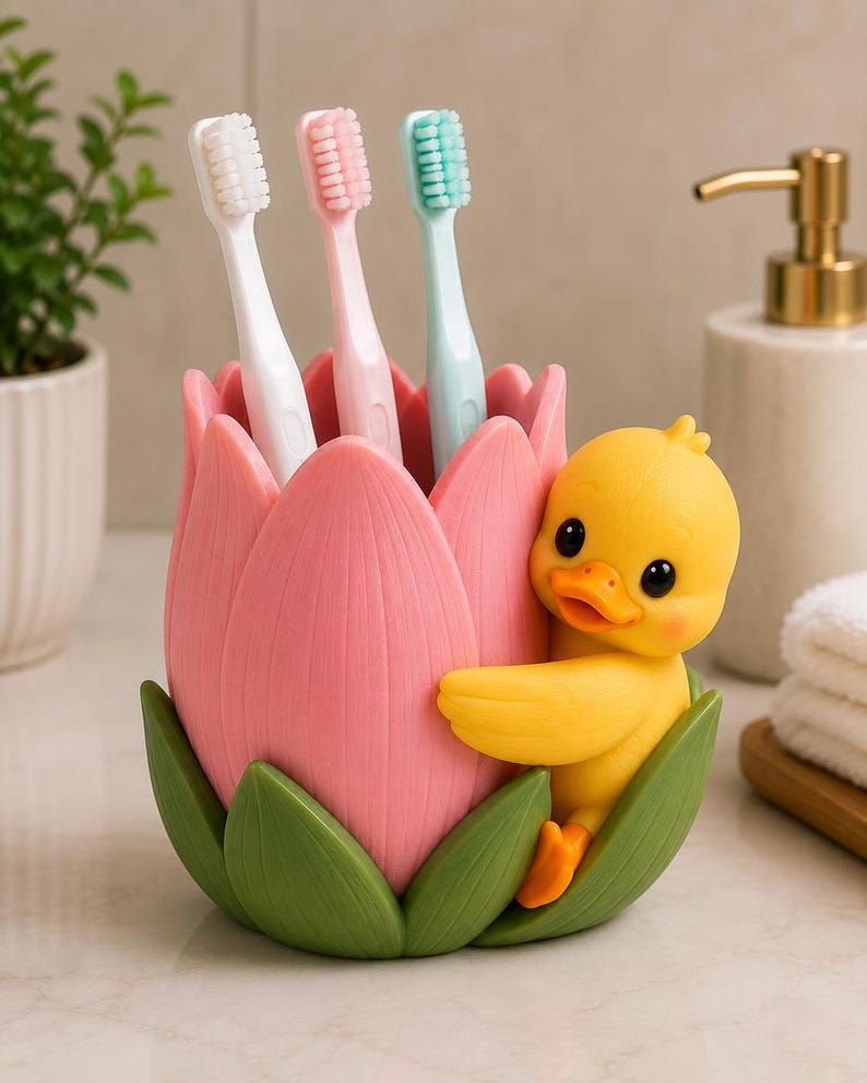 Zahnbürstenhalter Ente in Tulpe 3D-gedruckt handbemalt Badezimmer Organizer