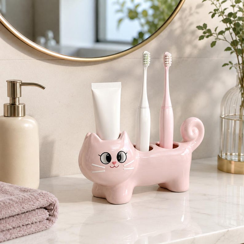 Rosa Keramik Zahnbürstenhalter Katzenform Badezimmer Organizer