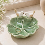 Keramik Ringablage mit Liebesvogelmotiv, Schmucktablett Blumenform, Eheringhalter für Paare, Weiß Rosa Blau Grün, 4,9 Zoll