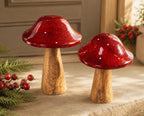 Fliegenpilz aus Holz mit roter Emaille – Herbstdekoration, Tischdekoration im Set (13-15 cm)