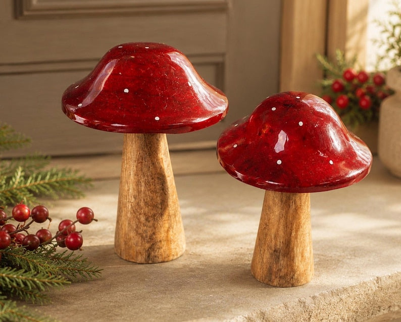 Fliegenpilz aus Holz mit roter Emaille – Herbstdekoration, Tischdekoration im Set (13-15 cm)