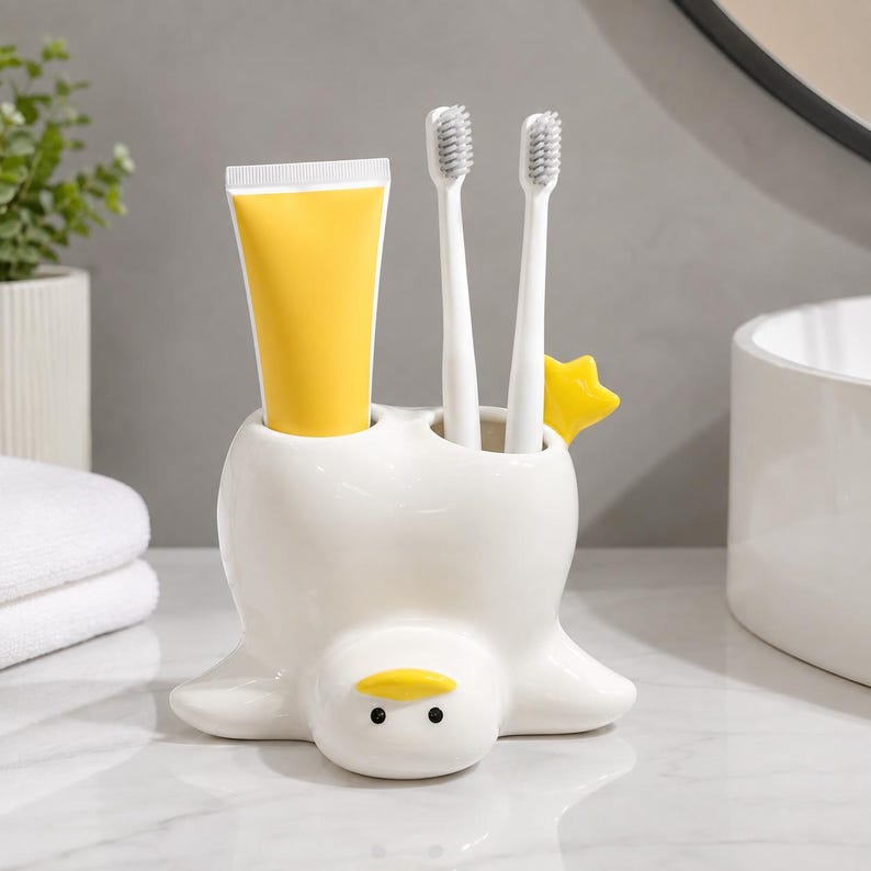 Keramik Zahnbürstenhalter Entenform Badezimmer Organizer Weiß Gelb