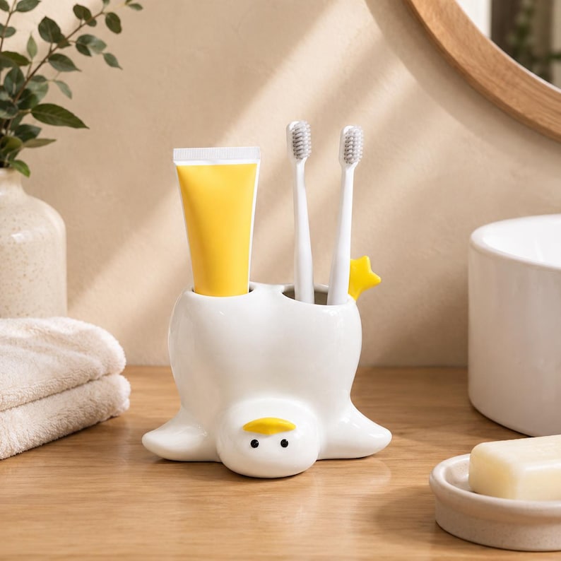 Keramik Zahnbürstenhalter Entenform Badezimmer Organizer Weiß Gelb