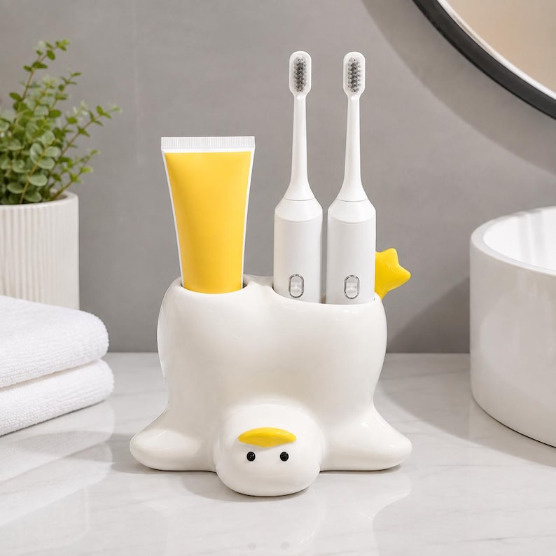 Keramik Zahnbürstenhalter Entenform Badezimmer Organizer Weiß Gelb