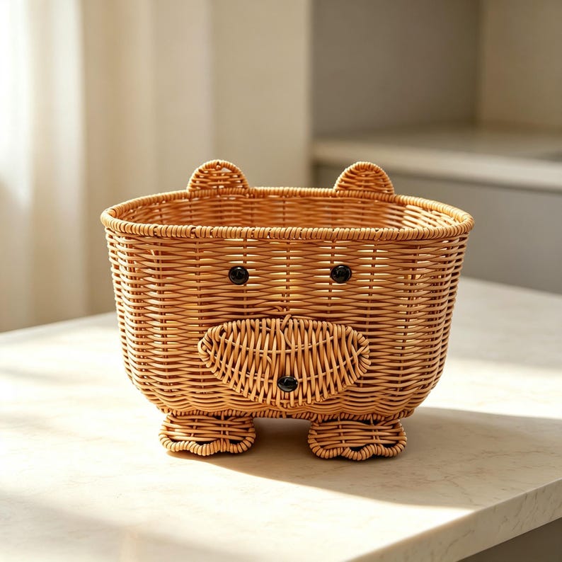Handgewebter Aufbewahrungskorb in Bärenform, Organizer-Korb aus PP-Rattan, 33x28x19,5 cm