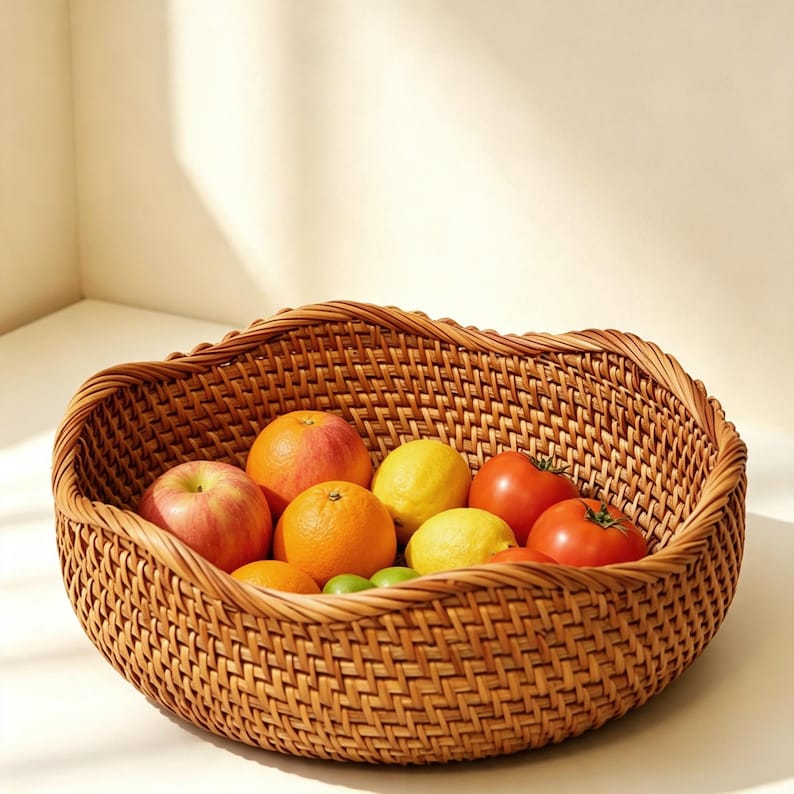 Handgeflochtene Rattan-Körbe 3er-Set Boho Wellenrand Aufbewahrung Obst