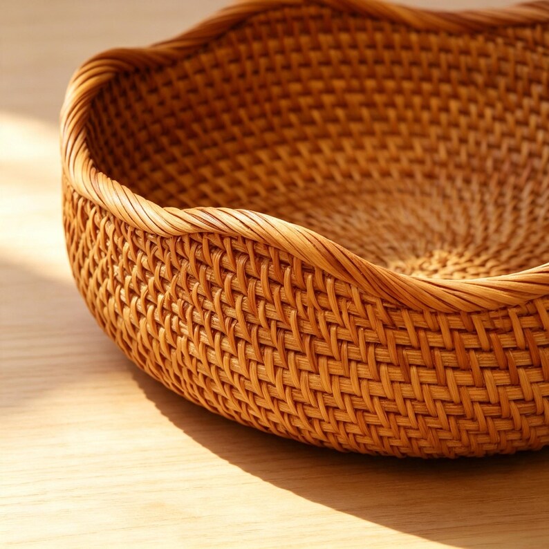 Handgeflochtene Rattan-Körbe 3er-Set Boho Wellenrand Aufbewahrung Obst
