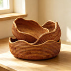 Handgeflochtene Rattan-Körbe 3er-Set Boho Wellenrand Aufbewahrung Obst