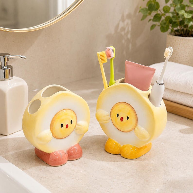 Keramik Zahnbürstenhalter Kükenform Badezimmer Organizer Kawaii Deko