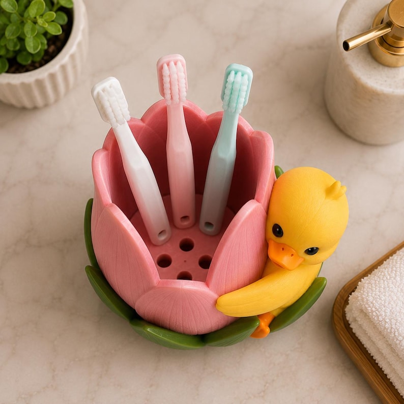 Zahnbürstenhalter Ente in Tulpe 3D-gedruckt handbemalt Badezimmer Organizer