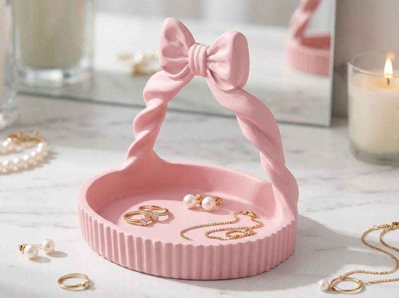 Schmuckhalter mit Schleife – Rosa 3D-gedrucktes Schmucketui für Damen, Dekoration für Schminktisch