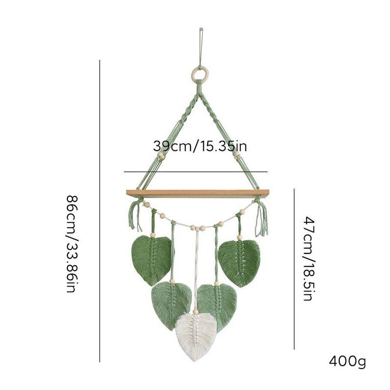 Handgewebter Wandteppich in Blattform, Wandregal im Boho-Stil, ein- und zweistöckig, Holzbrett, 39 cm