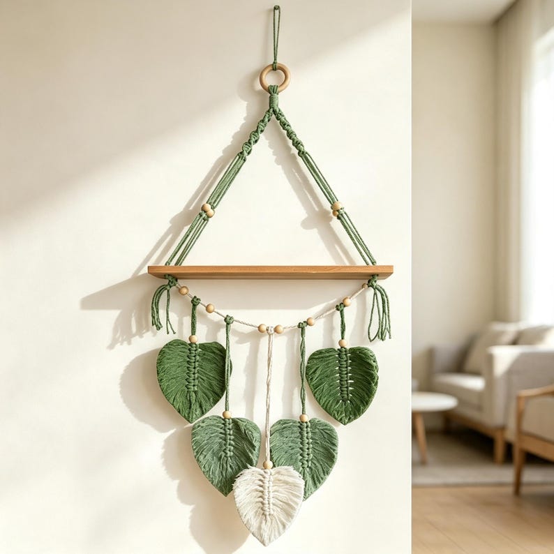 Handgewebter Wandteppich in Blattform, Wandregal im Boho-Stil, ein- und zweistöckig, Holzbrett, 39 cm