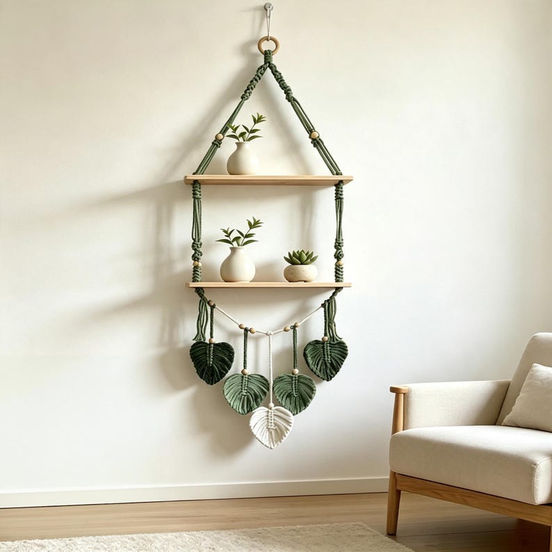 Handgewebter Wandteppich in Blattform, Wandregal im Boho-Stil, ein- und zweistöckig, Holzbrett, 39 cm