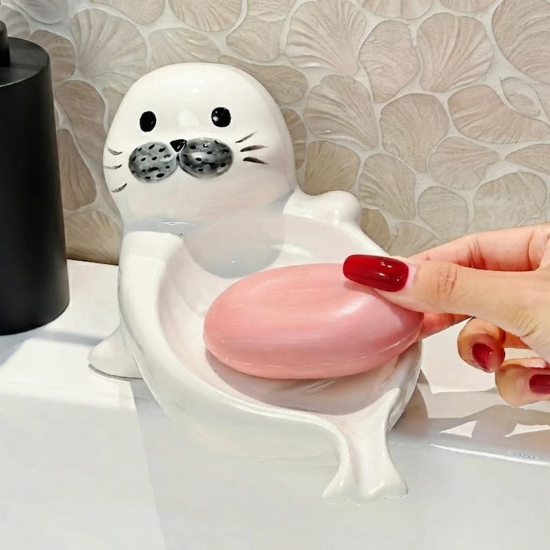 Keramik-Seifenschale mit Robbenmotiv, Badezimmer-Deko im Küstenstil, 19 cm