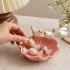 Keramik Ringablage mit Liebesvogelmotiv, Schmucktablett Blumenform, Eheringhalter für Paare, Weiß Rosa Blau Grün, 4,9 Zoll