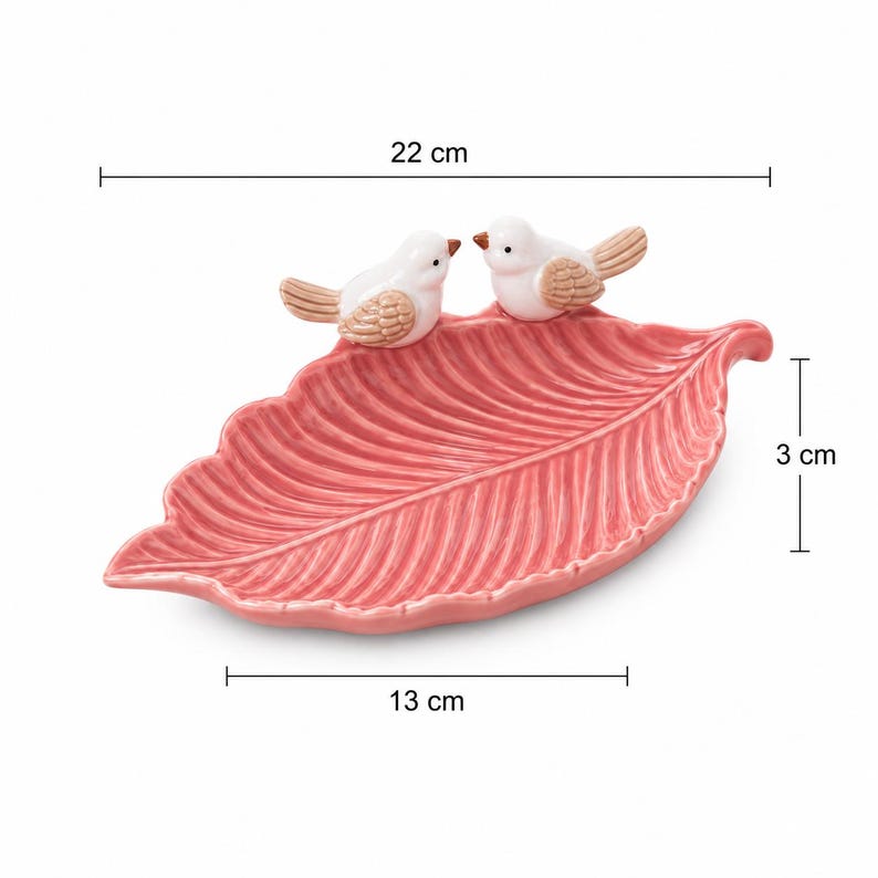 Keramik Schmuckschale Blattform mit Vogelmotiv, Ringhalter Damen, 22x13x3cm