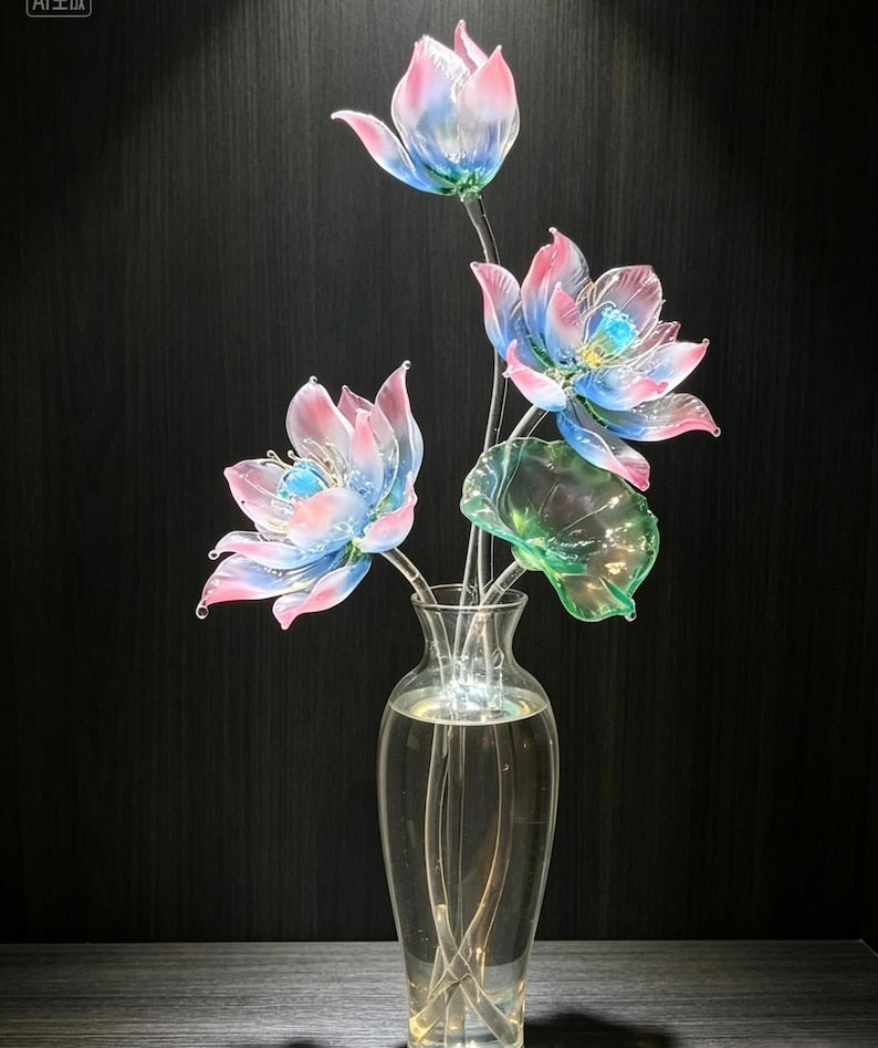 Handgeblasene Lotusblumen-Skulptur aus Glas, rosa-blauer Farbverlauf, Teichdekoration, Tischkunst