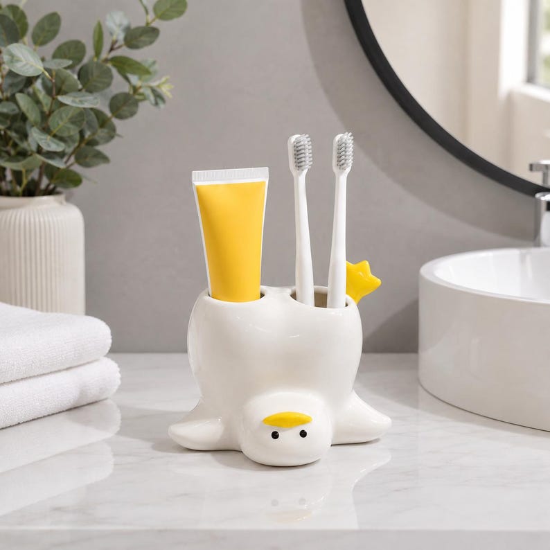 Keramik Zahnbürstenhalter Entenform Badezimmer Organizer Weiß Gelb