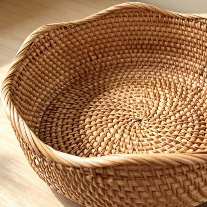 Handgeflochtene Rattan-Körbe 3er-Set Boho Wellenrand Aufbewahrung Obst