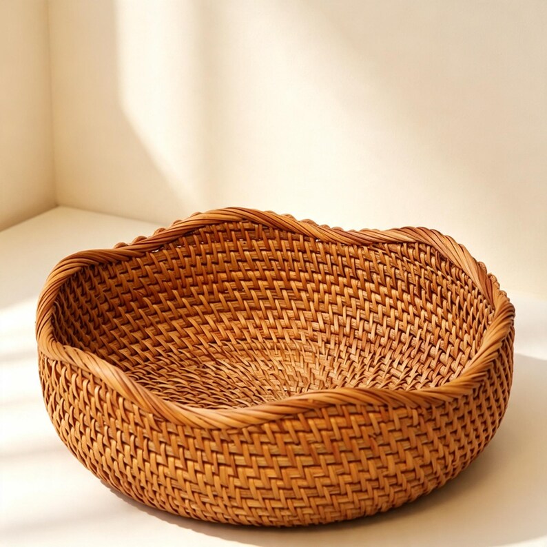 Handgeflochtene Rattan-Körbe 3er-Set Boho Wellenrand Aufbewahrung Obst