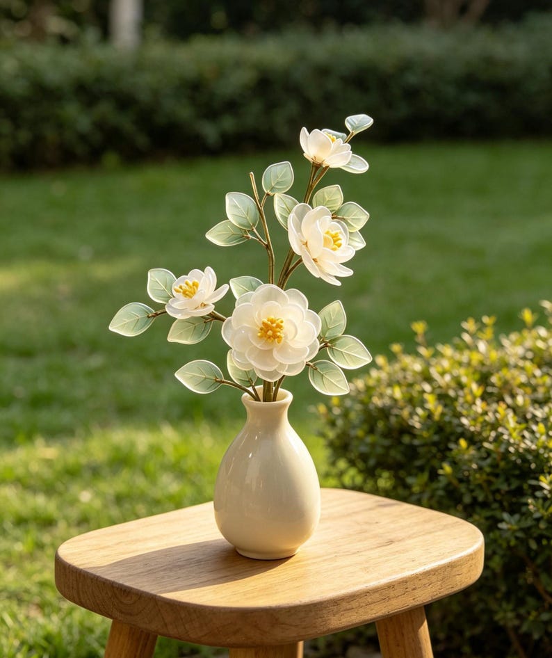 Künstliche Weiße Kamelie mit Keramikvase, Wabi-Sabi Tischdekoration, Mori Stil Schlafzimmer Ornament, Blumenarrangement