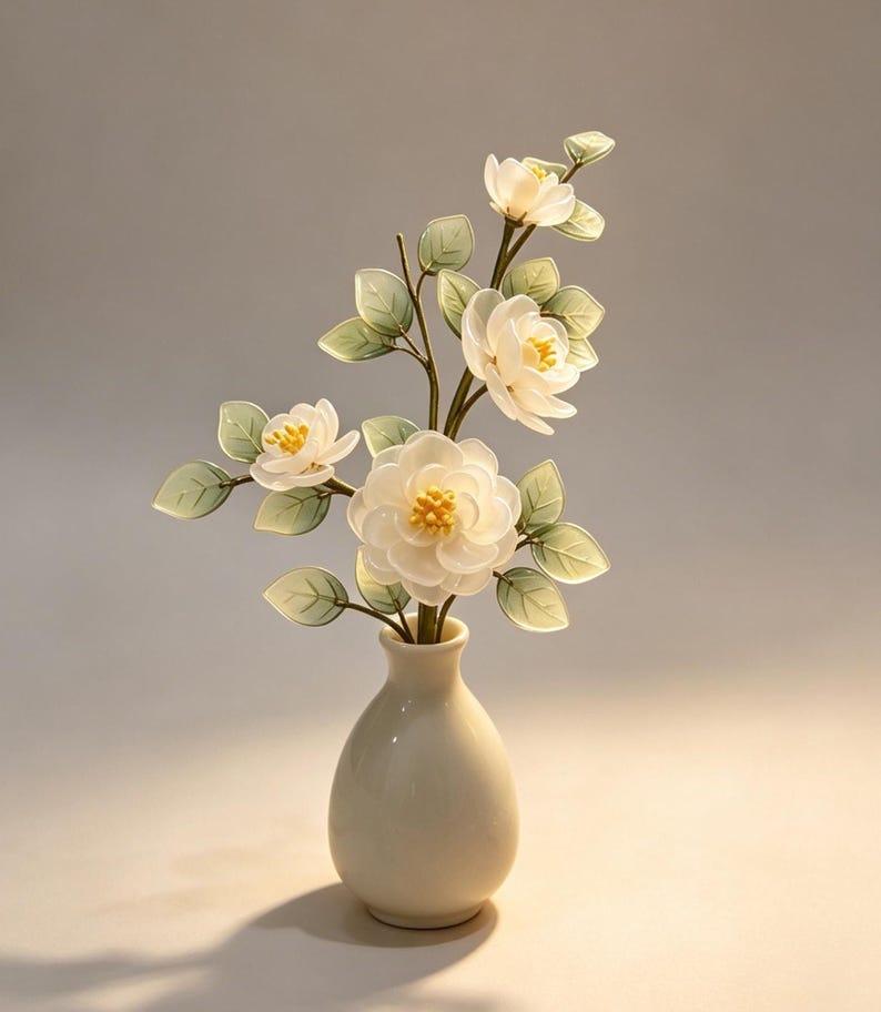 Künstliche Weiße Kamelie mit Keramikvase, Wabi-Sabi Tischdekoration, Mori Stil Schlafzimmer Ornament, Blumenarrangement