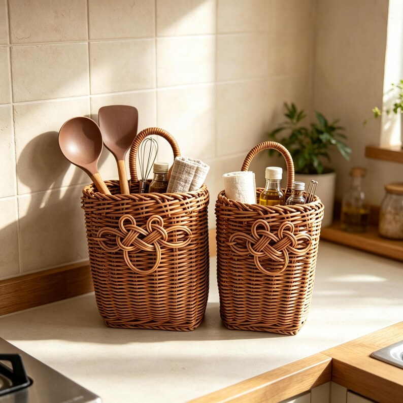 Handgeflochtener Rattan Wandkorb, Hängeaufbewahrung, 2er-Set, Boho Landhausstil, groß und klein